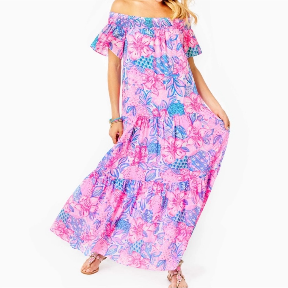 Lilly Pulitzer Dezi Off Shoulder Maxi Dress Pink Snappy Turtle